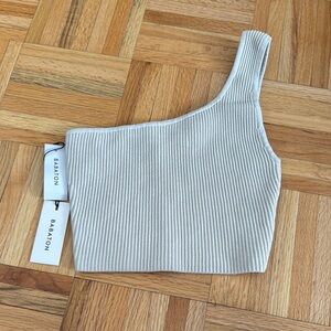 Babaton Ribbed One-Shoulder Top in Light Beige